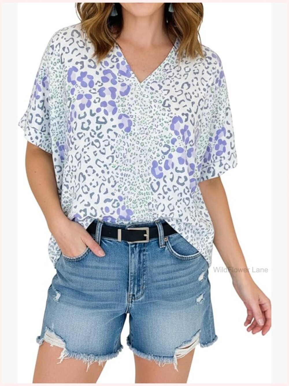 V Neck Short Sleeve Blouse Leopard Print Dressy Casual Summer Tops